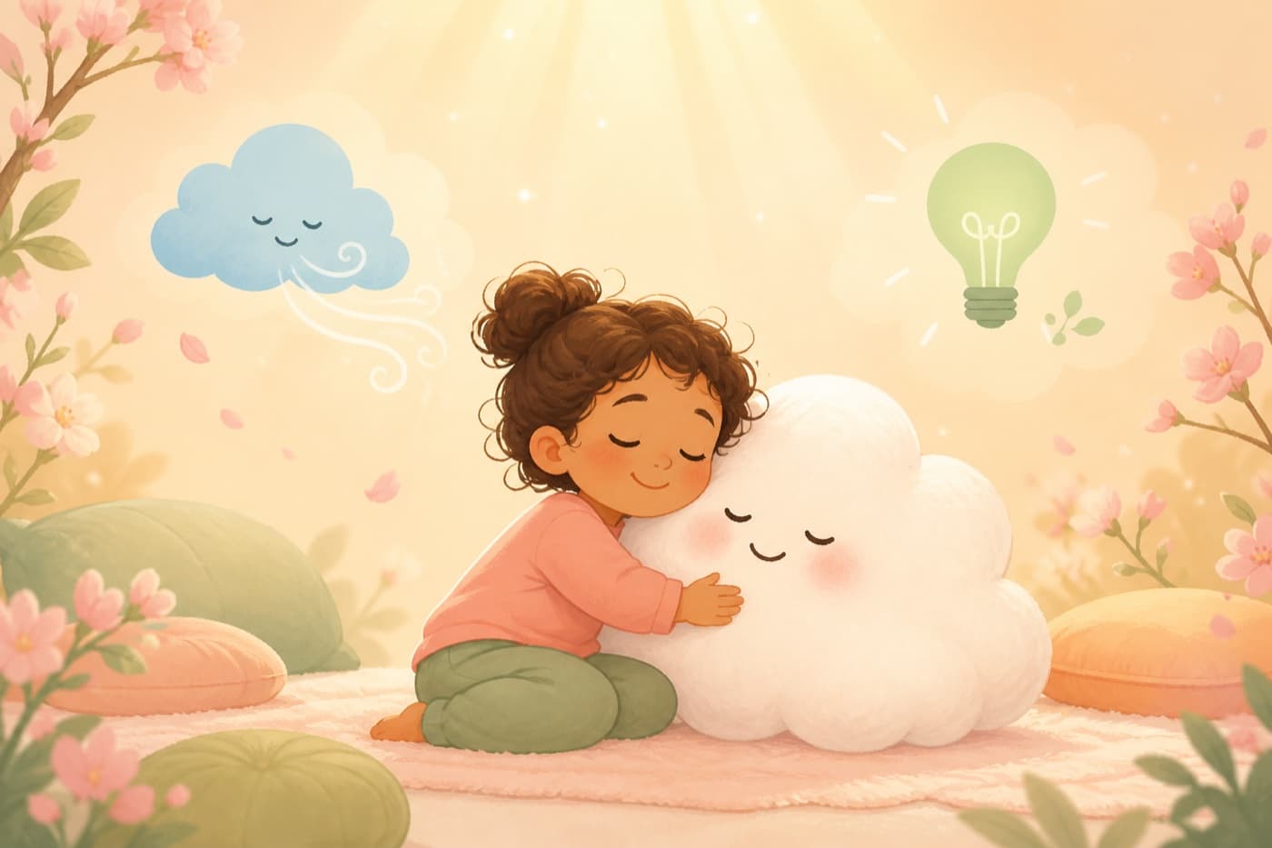 Illustration of a child hugging a friendly cloud in a cosy calm-down moment