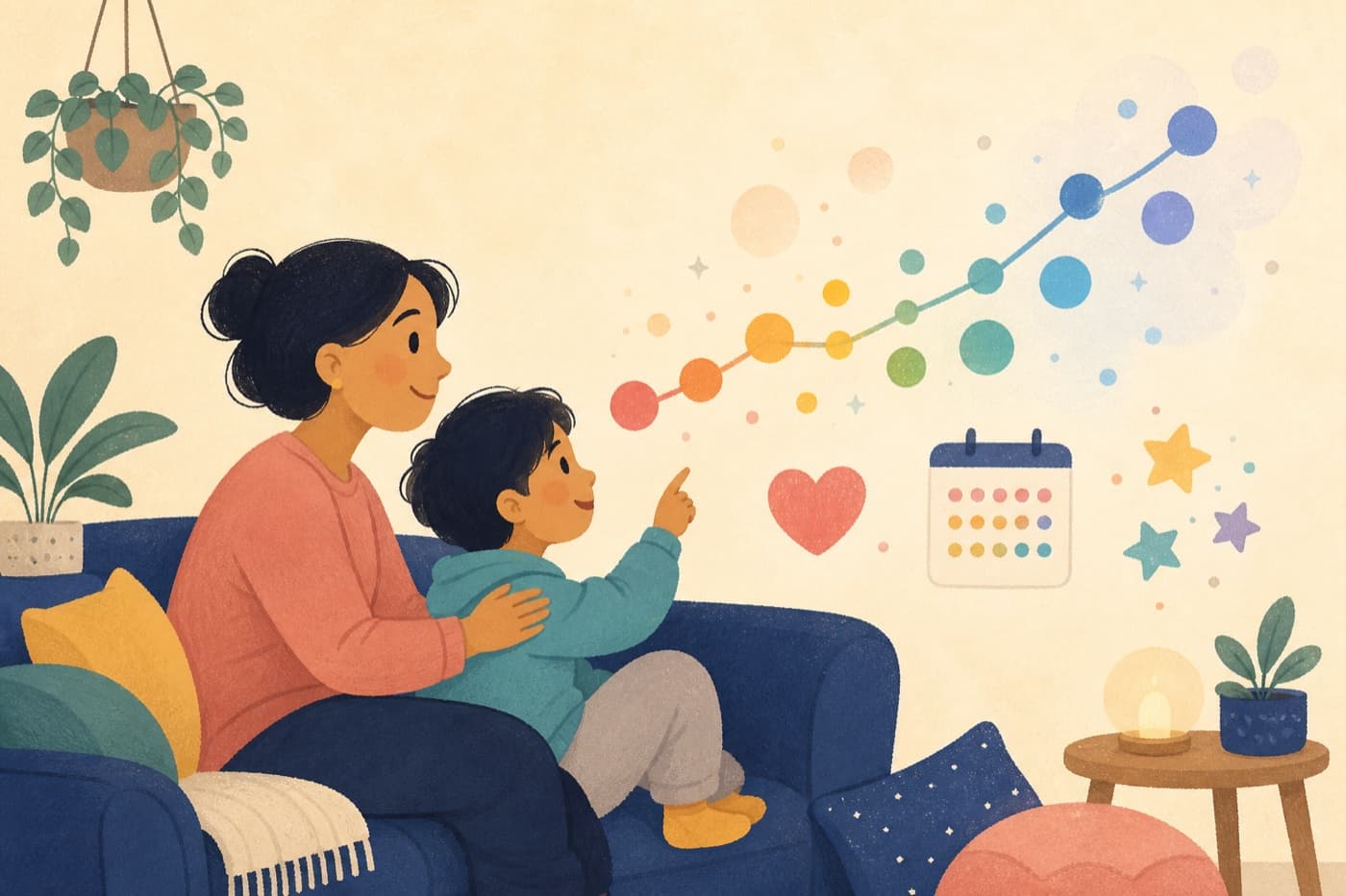 Illustration of a parent and child reviewing mood trends and check-in streaks together